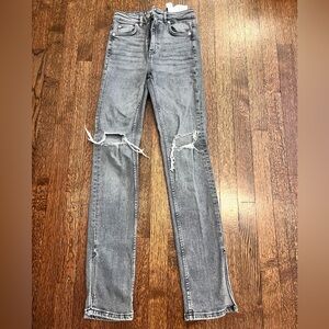 high rise grey/dark wash jeans with rips